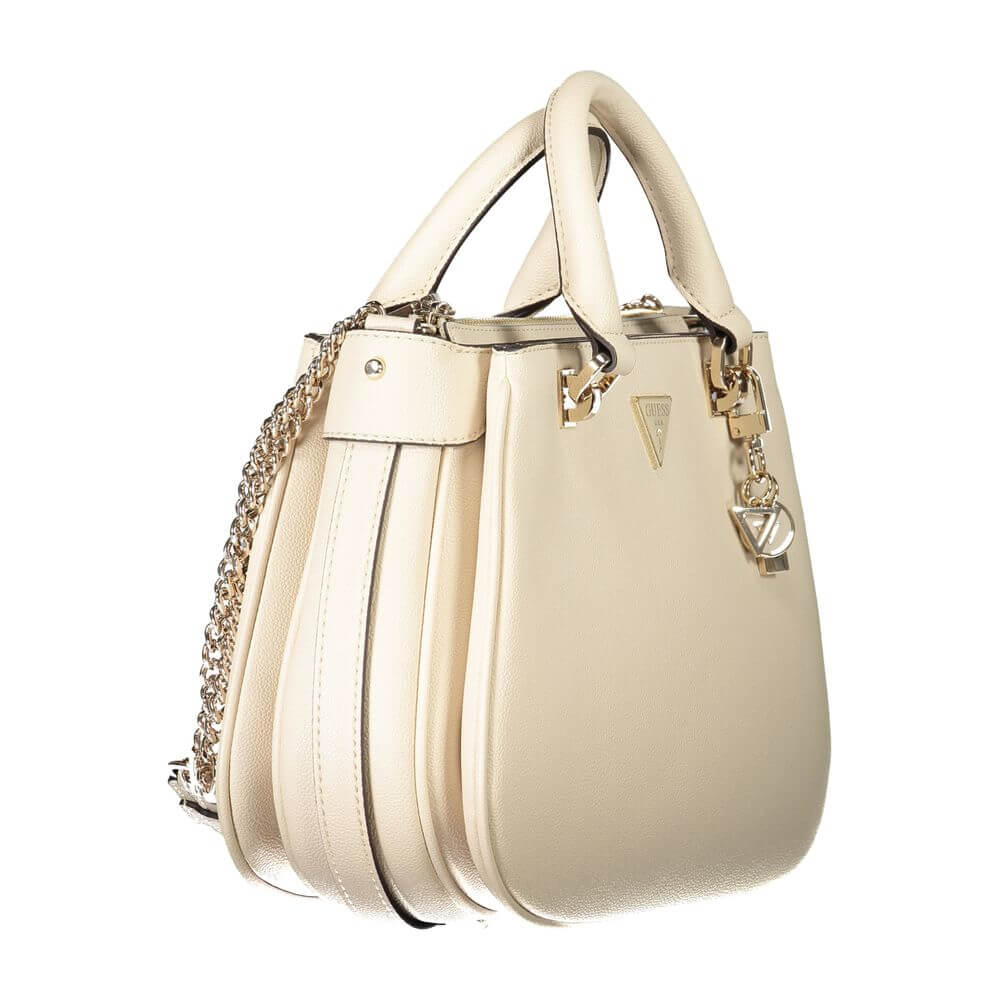 Guess Jeans Beige Polyethylene Handbag with adjustable chain strap, external pocket, zipper closure, and protective feet.