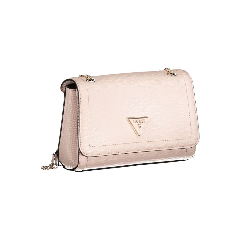 Alt Tag: Guess Jeans Pink Polyethylene Handbag with 2 chain shoulder handles, 3 compartments, logo, and snap closure.