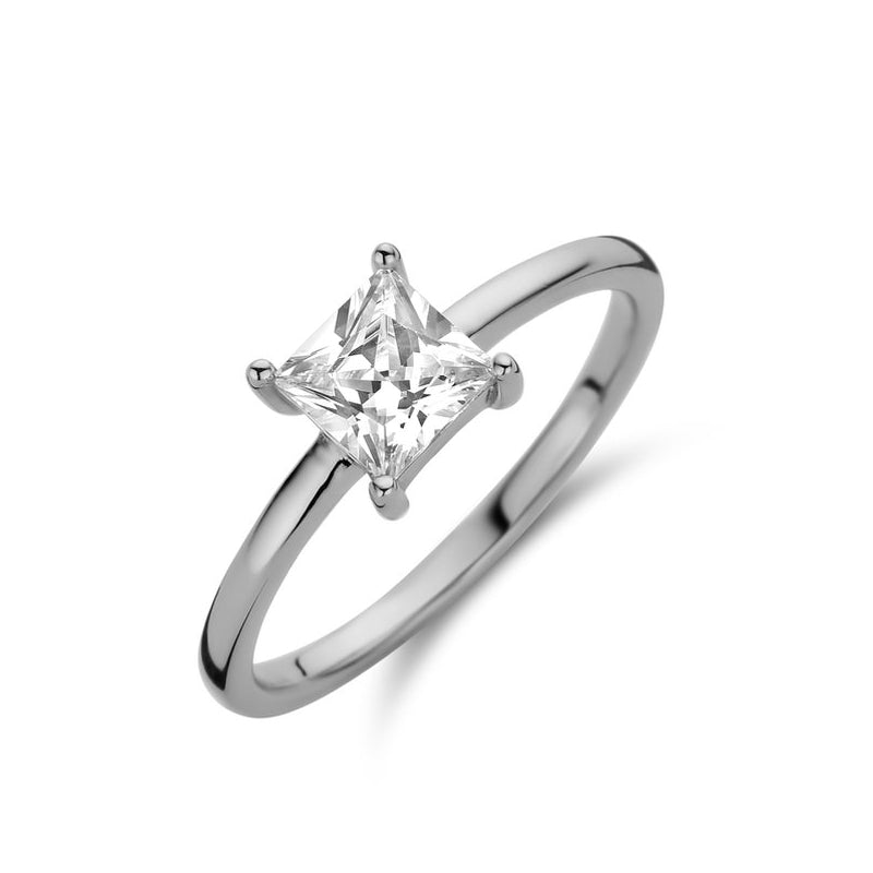 Alt Tag: NEW BLING Mod. 9NB-0586-58 elegant diamond ring with princess cut stone, simple silver band, perfect for engagements or special occasions