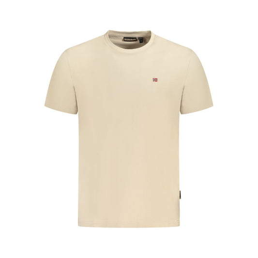Napapijri Beige Cotton Men T-Shirt with short sleeves and crew neck, featuring sleek embroidery for a stylish and comfortable look.