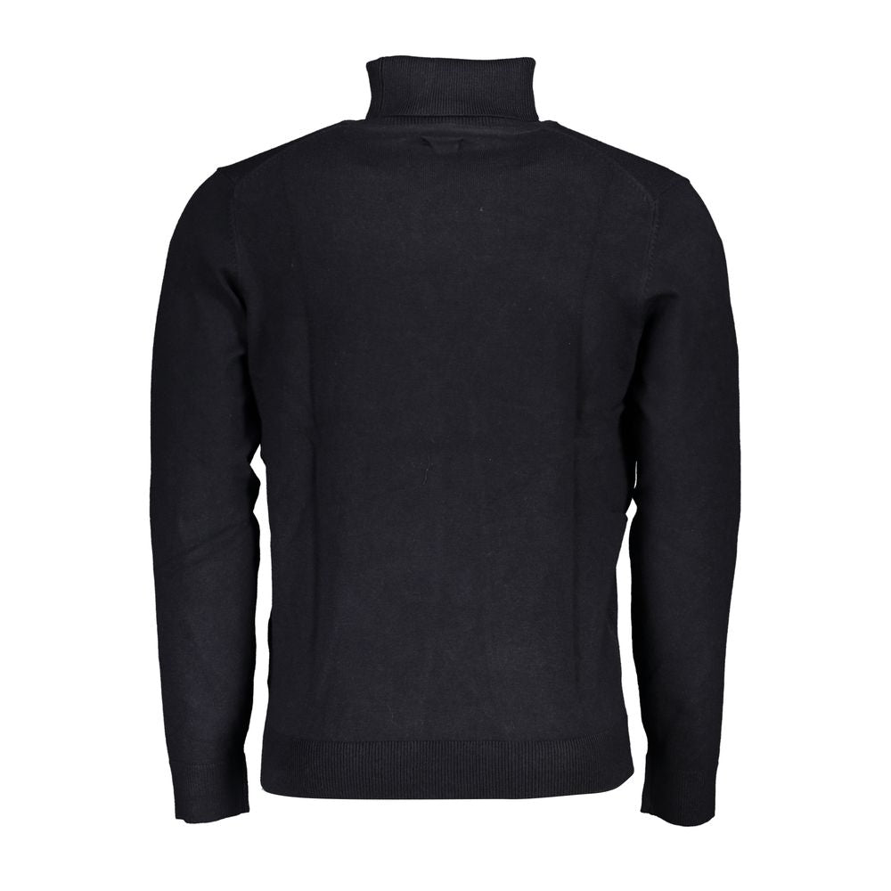 Norway 1963 Blue Fabric Sweater in black, long-sleeved pullover with turtleneck and embroidery, showcasing back view.