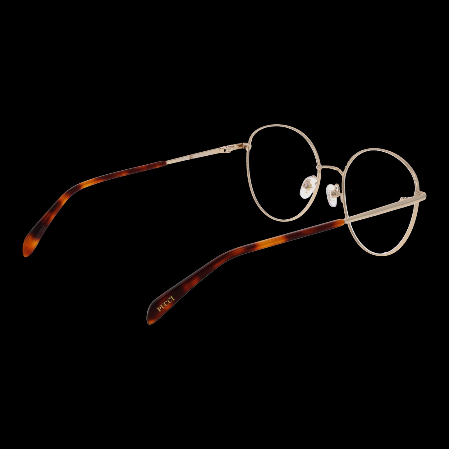Stylish lady's eyewear, PUCCI MOD. EP5244 55032, featuring round tortoiseshell and metal frames against a black background.