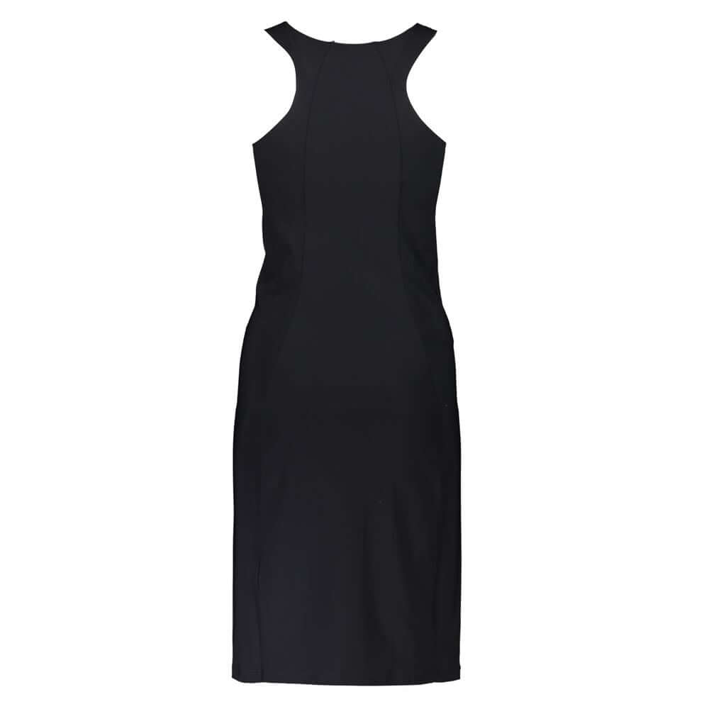 Patrizia Pepe Black Elastane Dress with wide hat straps and crew neck, featuring the logo.