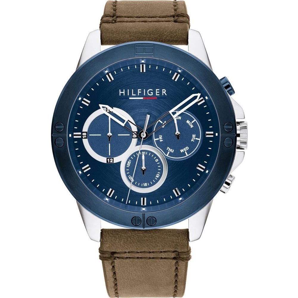 TOMMY HILFIGER Mod. 1791895 quartz analog gents watch with blue dial and brown strap, water resistant to 5 ATM, in official packaging.