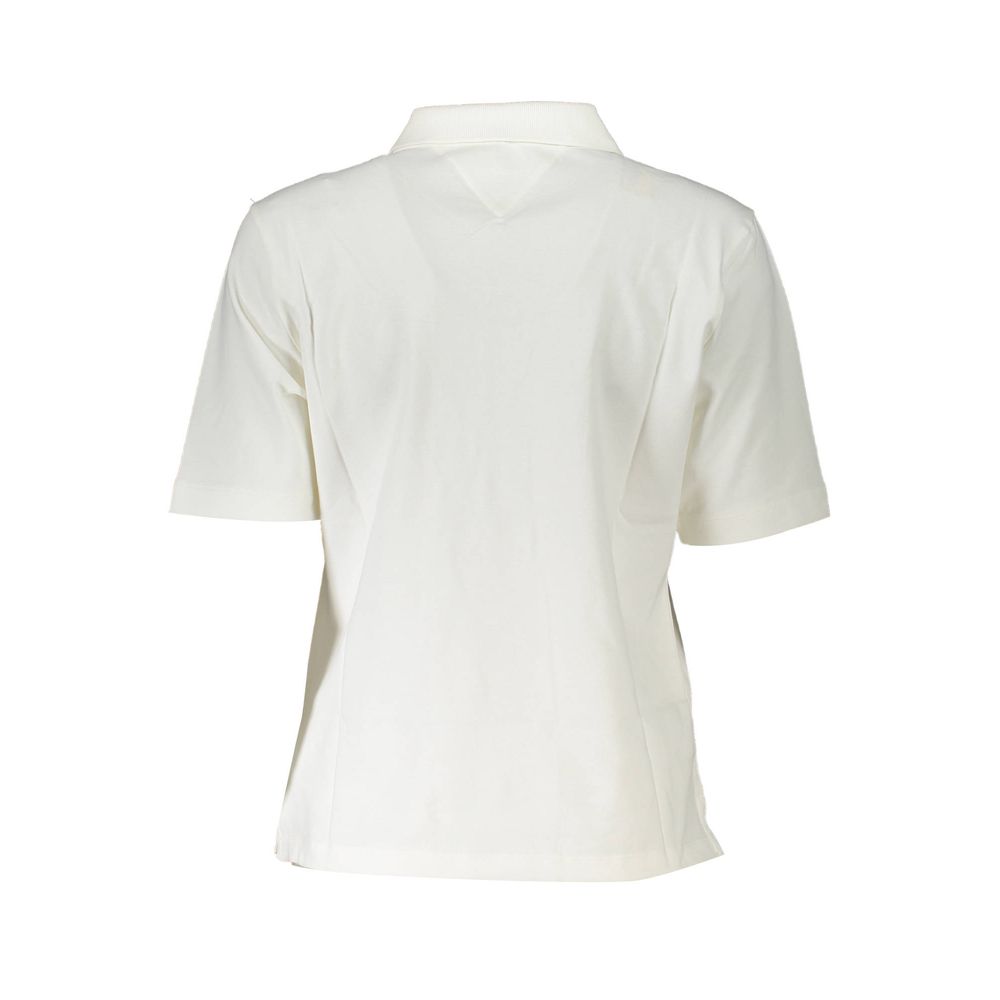 Back view of Tommy Hilfiger White Cotton Polo Shirt, featuring short sleeves, 5 buttons, embroidery, logo, and 95% organic cotton.