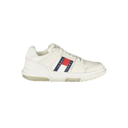 Tommy Hilfiger White Leather Women Sneaker with bold contrasting details and signature logo on the side view of the shoe.