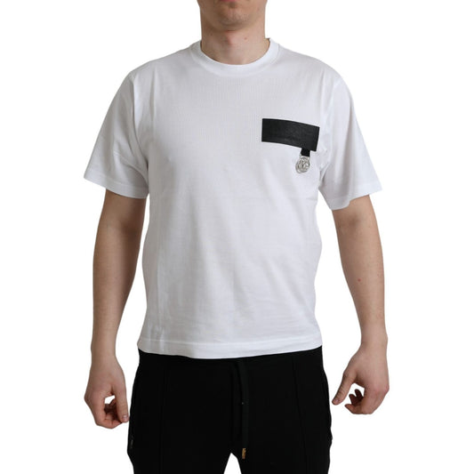 Dolce & Gabbana White Logo Patch Cotton Crew Neck T-shirt 1728,67345645728,Clothing,Dolce & Gabbana,IT44 | XS,Material: 100% Cotton,Men,Preowned / Defect,T-Shirts - Clothing,T-Shirts - T-Shirts - Clothing,White
