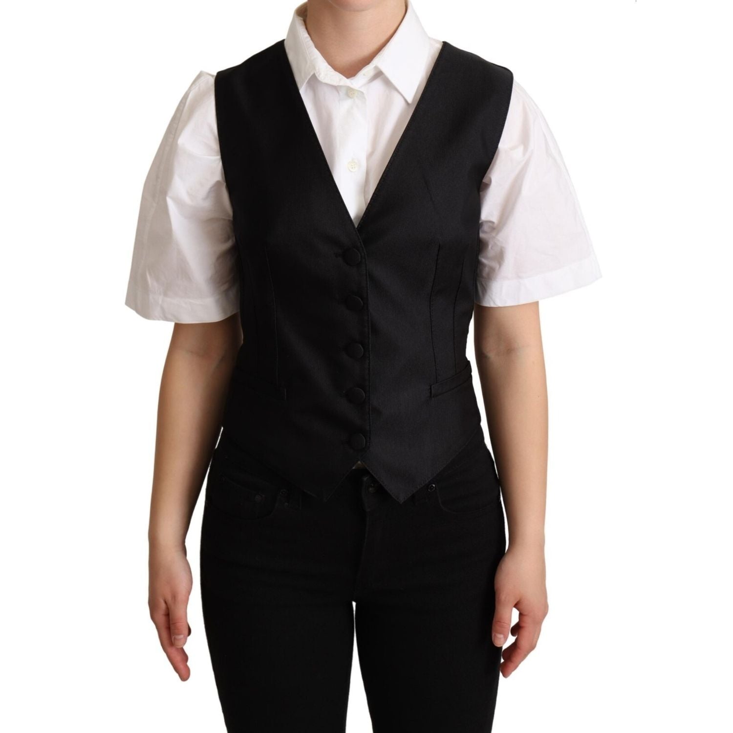 Dolce & Gabbana Solid Black Silk Sleeveless Waistcoat Vest Top