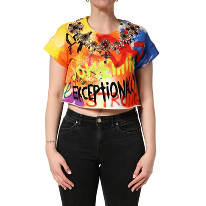 Dolce & Gabbana Multicolor Graffiti Crystals Crop Jersey Top