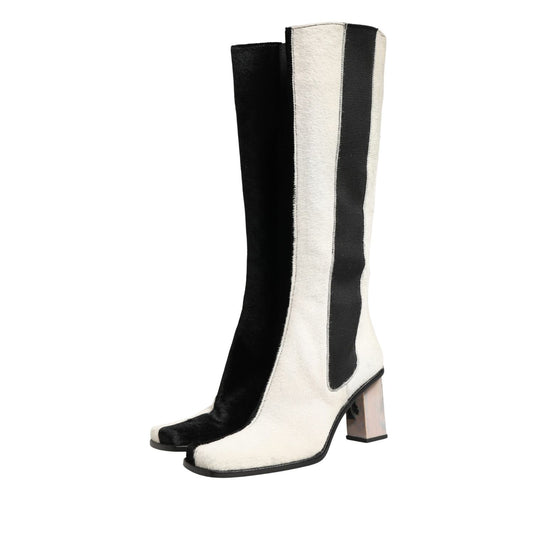 Dolce & Gabbana White Black Leather Knee High Boots Shoes