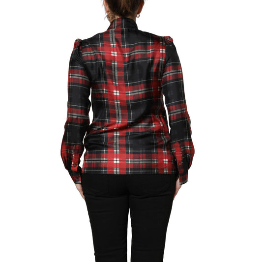 Dolce & Gabbana Red Black Plaid Silk Tie-Neck Blouse Top