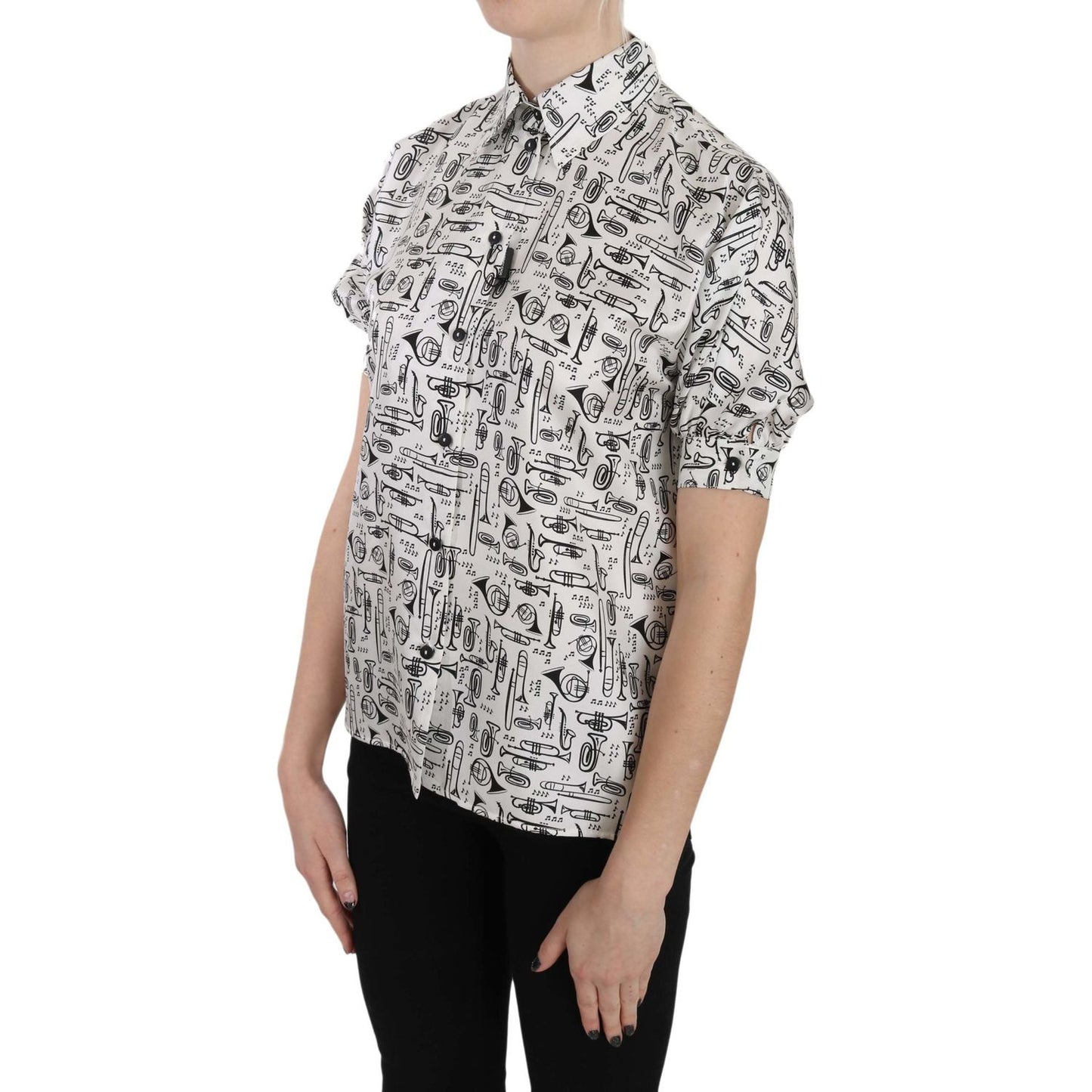 Dolce & Gabbana Trumpet Print Button Front Silk Top Blouse