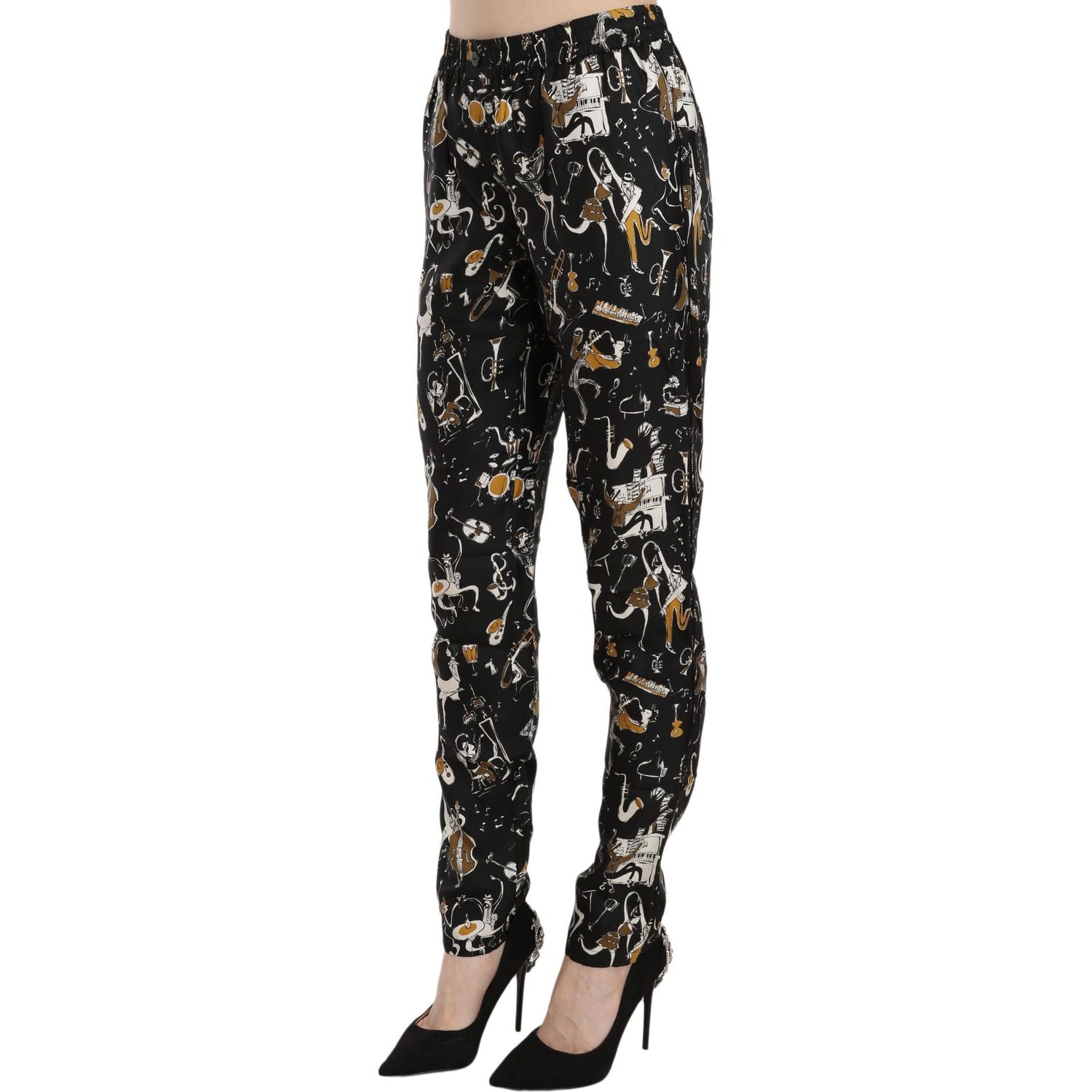 Dolce & Gabbana Black Jazz Club Print High Waist Tapered Pants