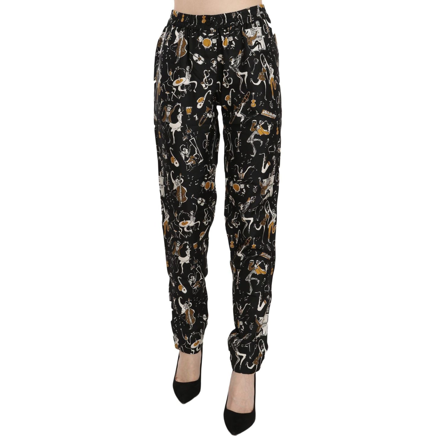Dolce & Gabbana Black Jazz Club Print High Waist Tapered Pants Jeans & Pants