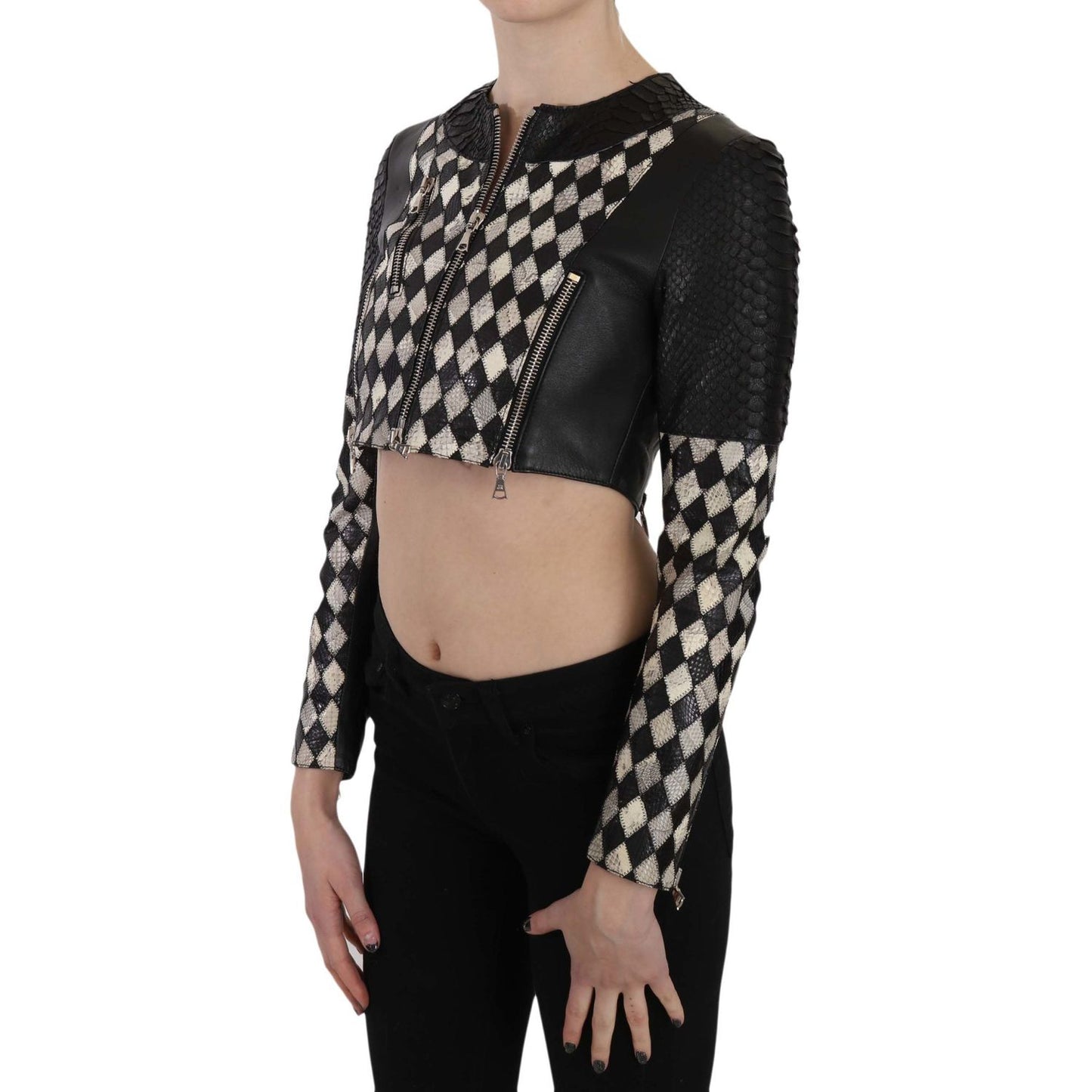 John Richmond Black White Leather Short Cropped Biker Jacket Coat Coats & Jackets