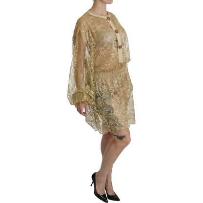 Dolce & Gabbana Gold Lace See Through A-Line Knee Length Dress