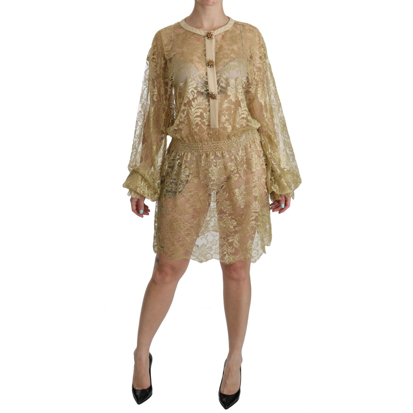 Dolce & Gabbana Gold Lace See Through A-Line Knee Length Dress
