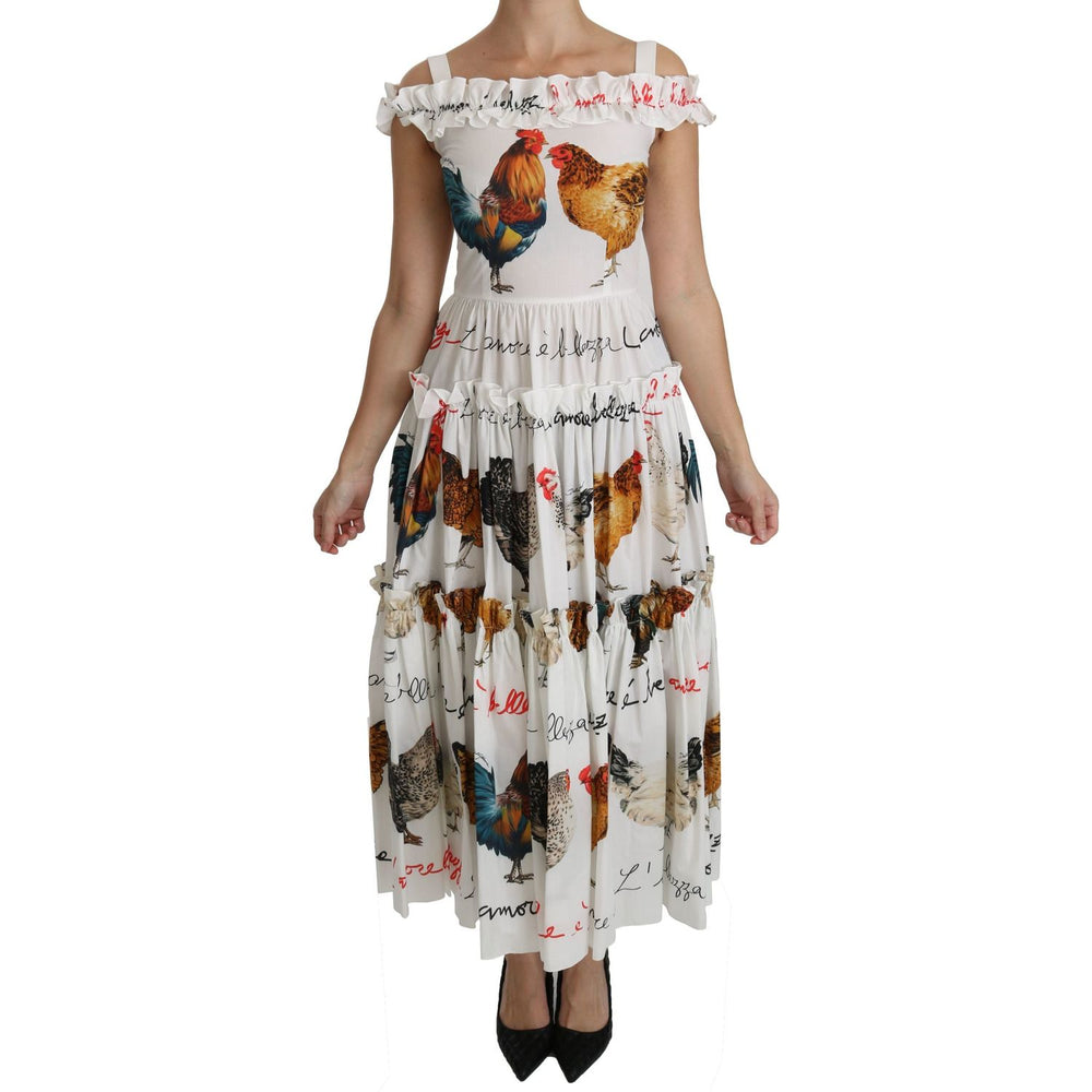 Dolce & Gabbana White Rooster Sheath Midi Cotton Dress DR2140-38