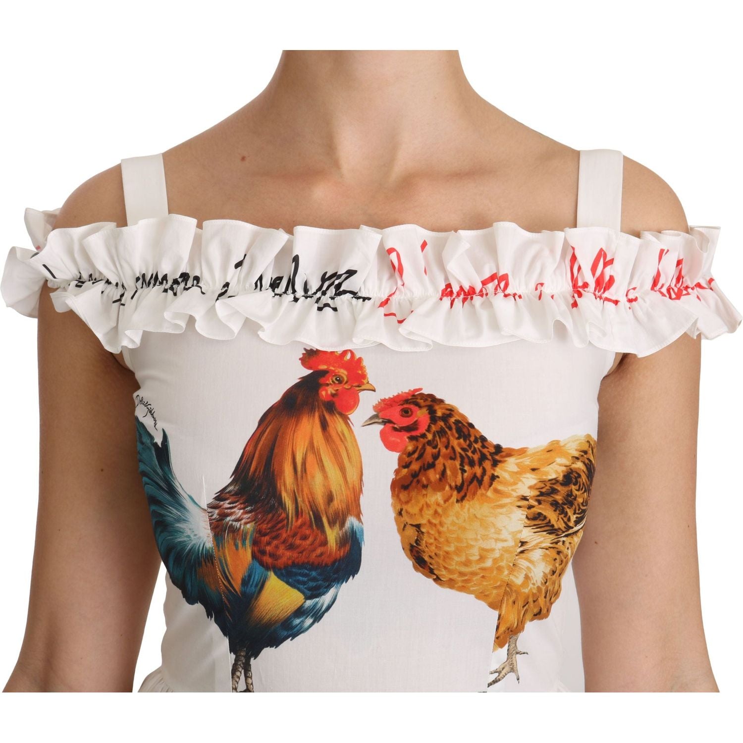 فستان ميدي أنيق بطبعة الديك باللون الأبيض من دولتشي آند غابانا