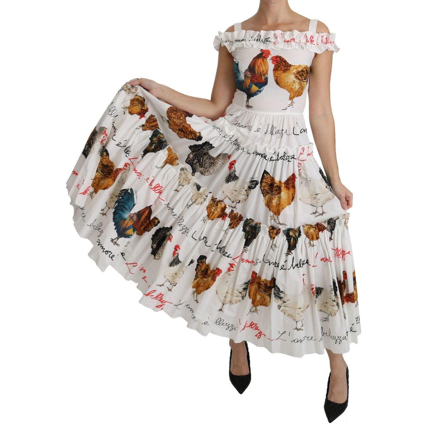 Dolce & Gabbana White Rooster Sheath Midi Cotton Dress DR2140-38