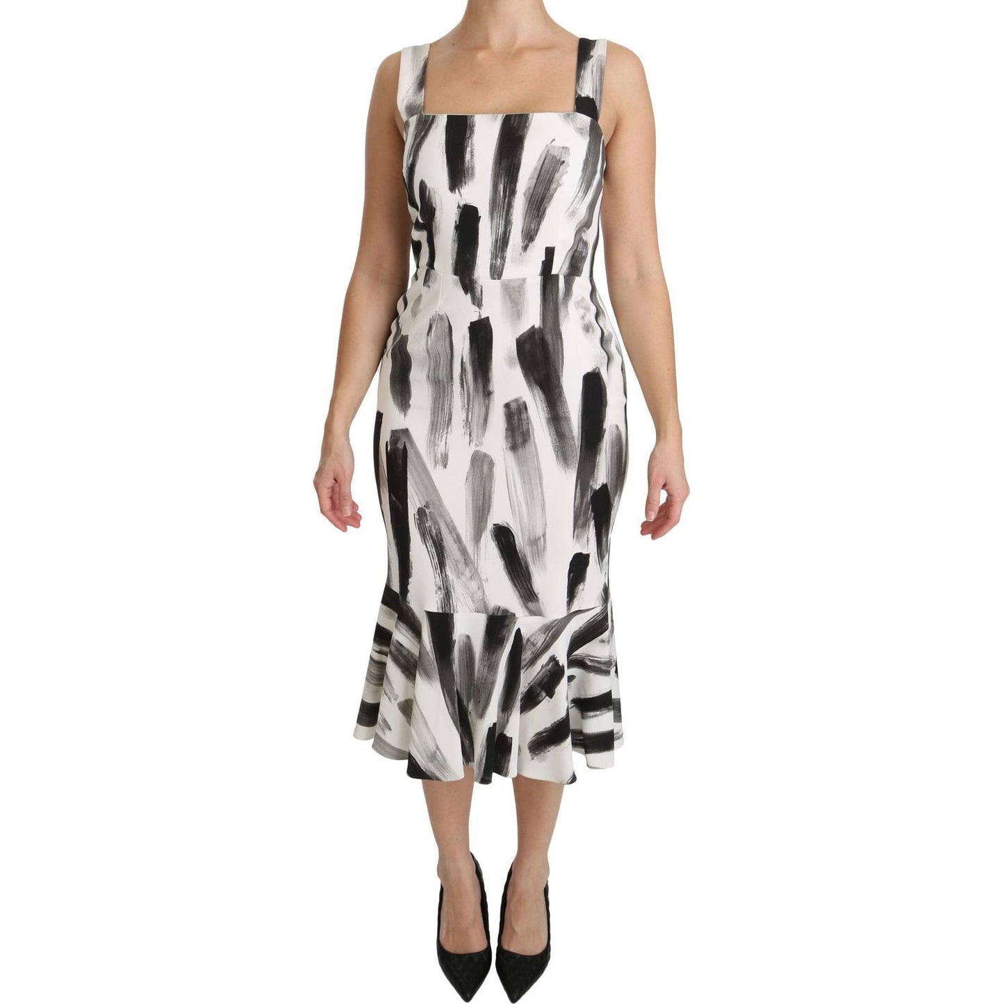 Dolce & Gabbana White Black Printed Sheath Midi Viscose Dress DR2145-42