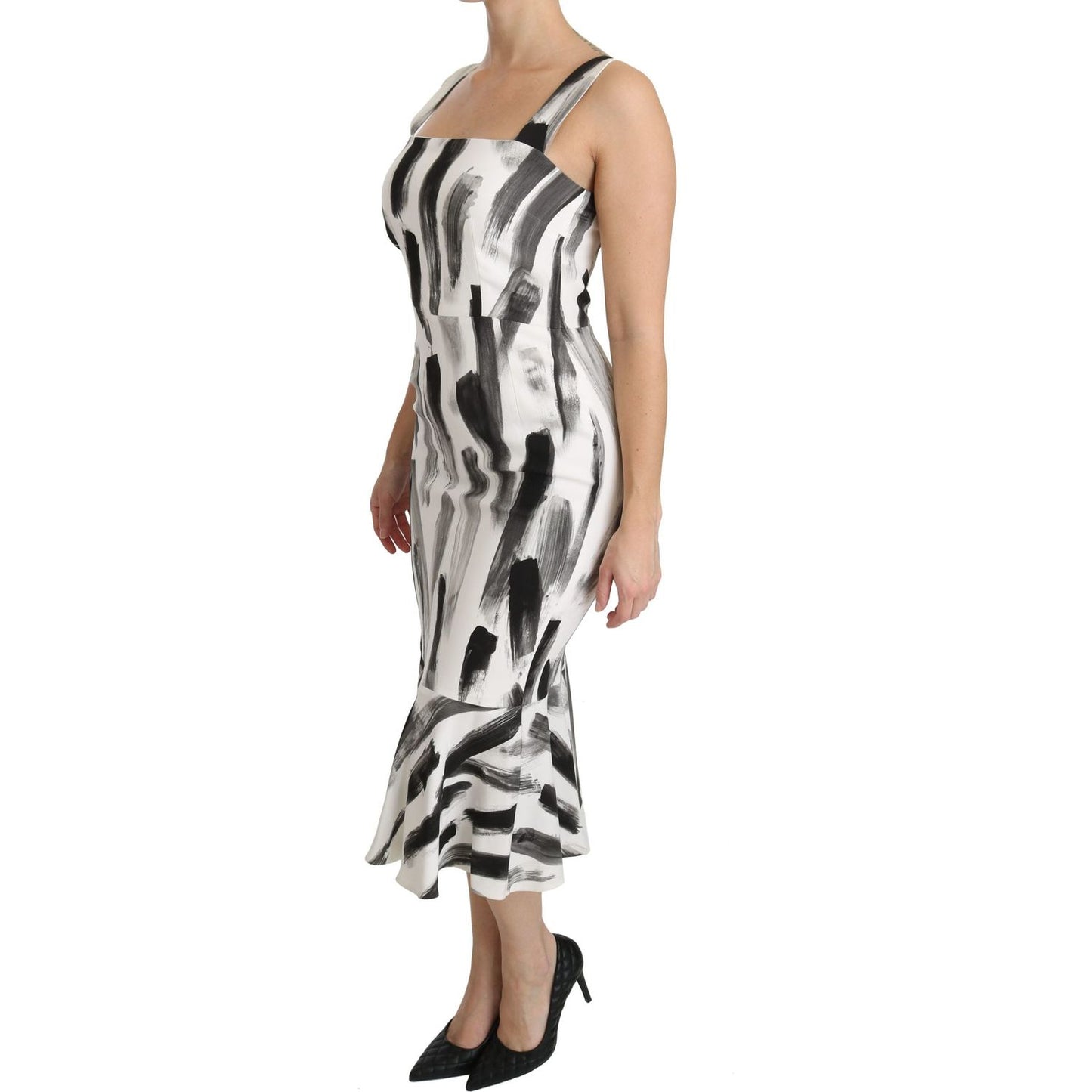 Dolce & Gabbana White Black Printed Sheath Midi Viscose Dress DR2145-42