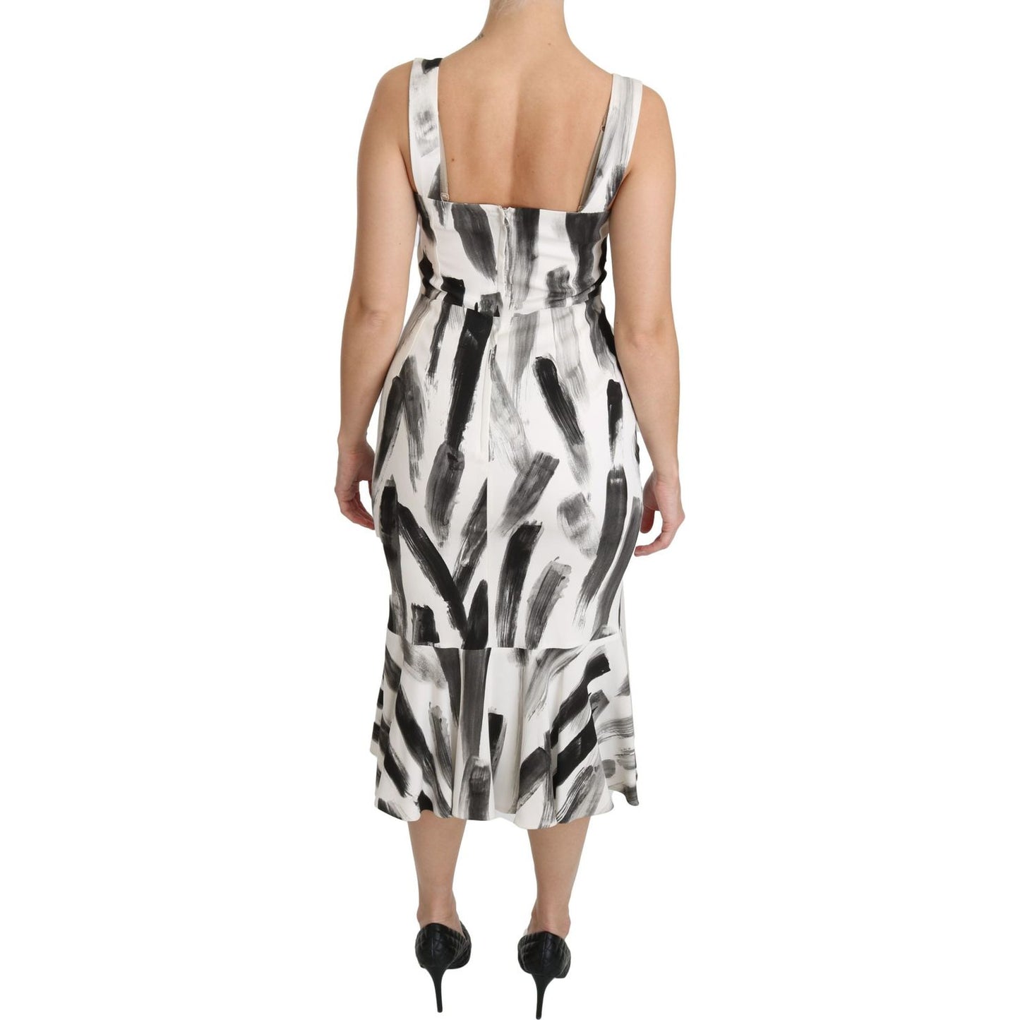 Dolce & Gabbana White Black Printed Sheath Midi Viscose Dress DR2145-42