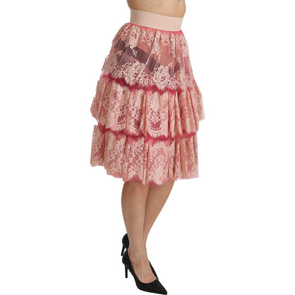 Dolce & Gabbana Pink Lace Layered High Waist Knee Length Skirt