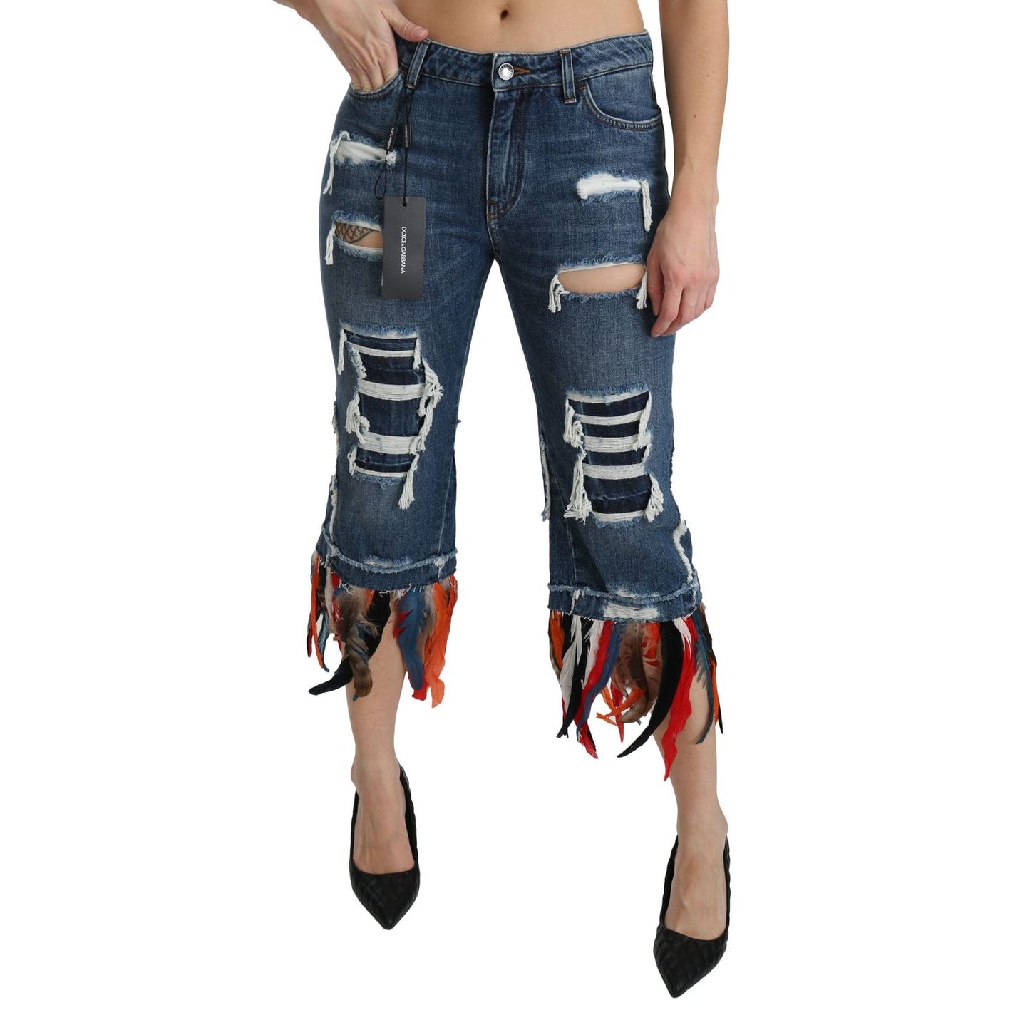 Dolce & Gabbana Blue Feathers Low Waist Cropped Cotton Jeans