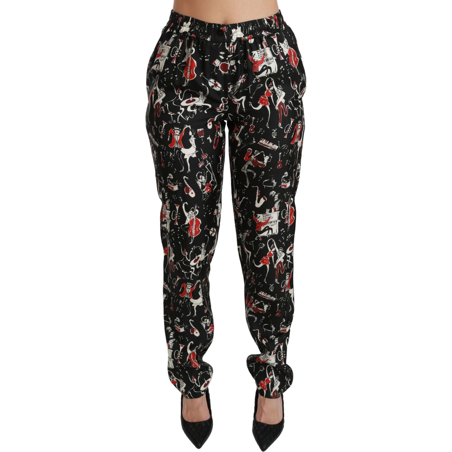 Dolce & Gabbana Black Silk Instrument Mid Waist Pants