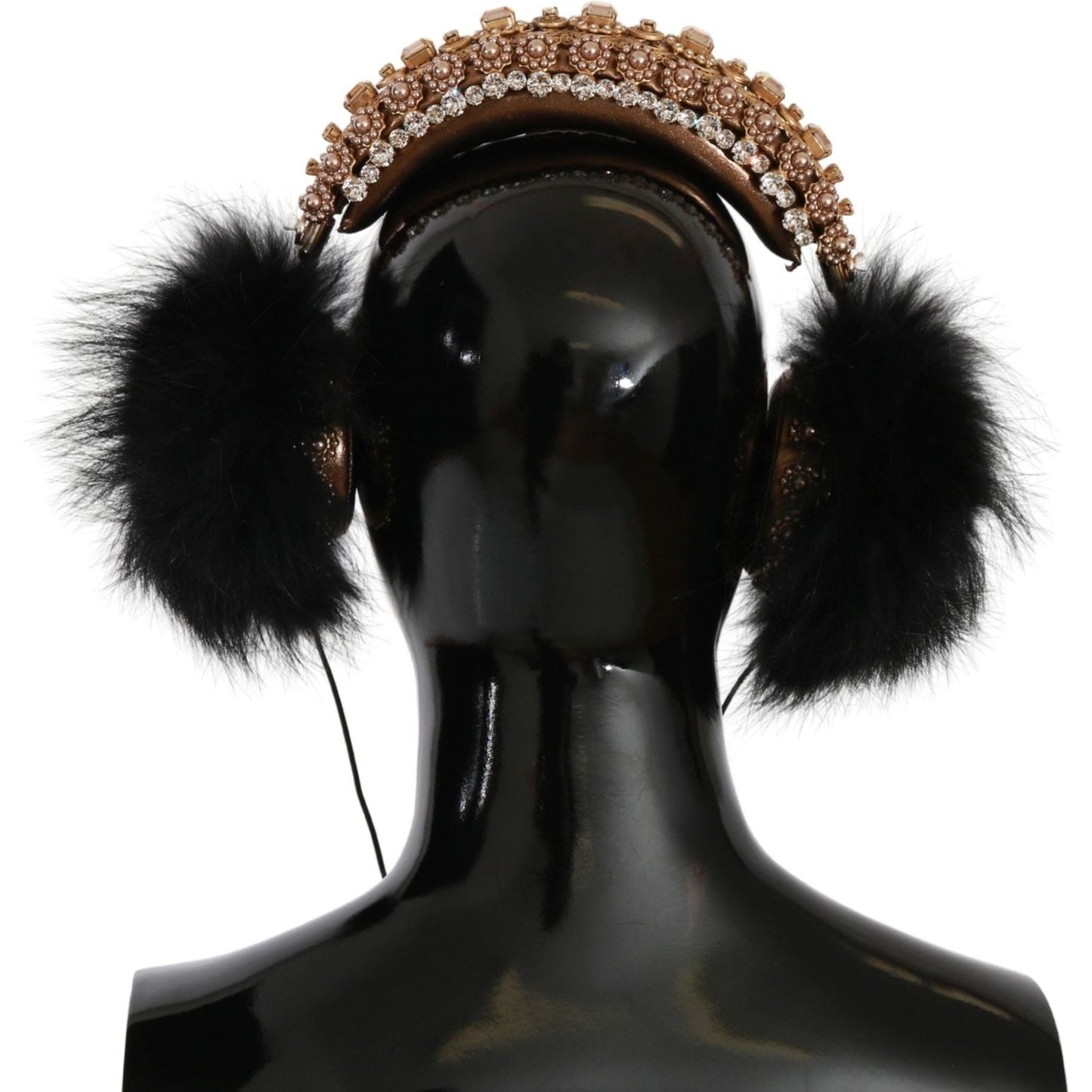 Dolce & Gabbana Gold Black Crystal Fur Headset Audio Headphones