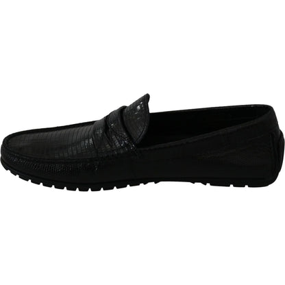 Dolce & Gabbana Black Lizard Leather Flat Loafers Shoes