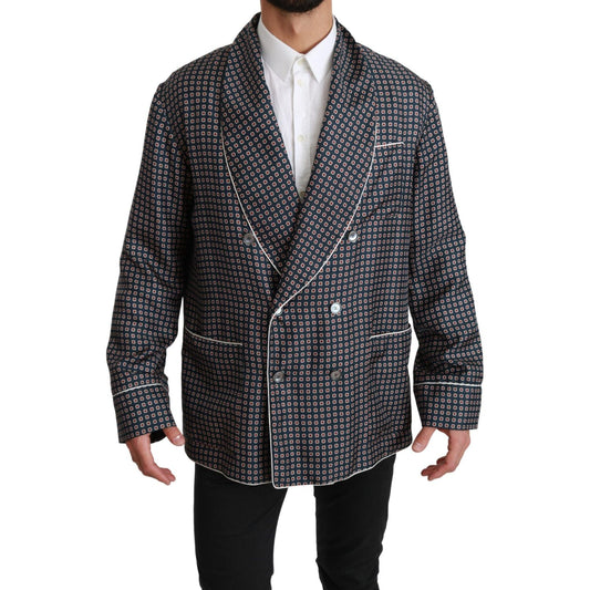 Dolce & Gabbana Navy Blue Patterned Double Breasted Coat Jacket JKT2589-IT4