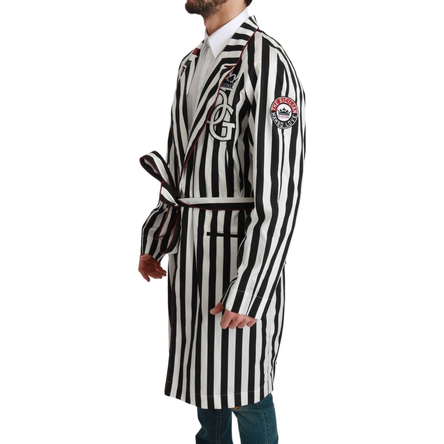 Dolce & Gabbana Black Coat Nightgown White Cotton Robe