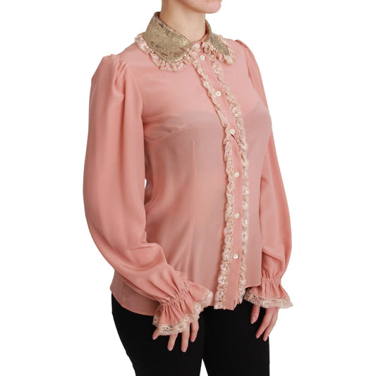 Dolce & Gabbana Elegant Pink Lace Silk Blouse with Gold Sequins TSH4663-44