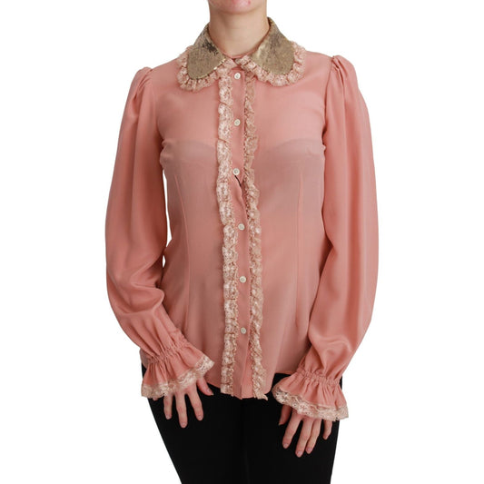 Dolce & Gabbana Elegant Pink Lace Silk Blouse with Gold Sequins TSH4663-44