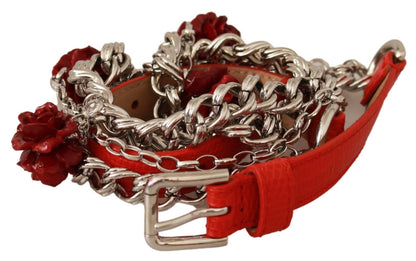 Dolce & Gabbana Red Leather Roses Floral Silver Waist Belt Belt