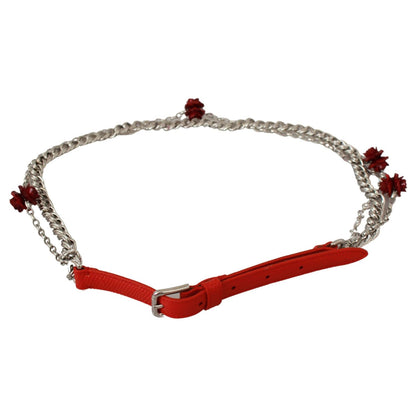 Dolce & Gabbana Red Leather Roses Floral Silver Waist Belt Belt