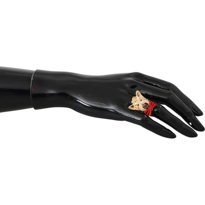 Dolce & Gabbana Gold Brass Resin Beige Dog Pet Branded Accessory Ring
