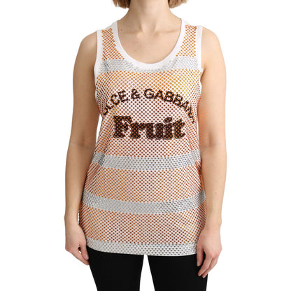 Dolce & Gabbana White Orange Crystal Sleeveless Tank Cotton Top