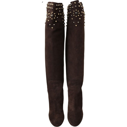 Dolce & Gabbana Brown Suede Studded Knee High Shoes Boots