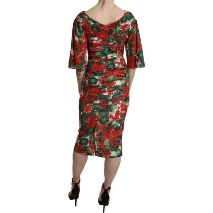 Dolce & Gabbana Red Floral Sheath Midi Silk Stretch Dress