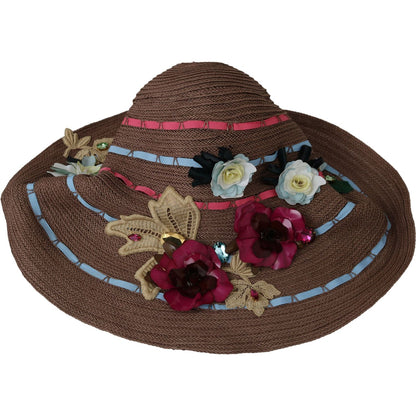 Dolce & Gabbana Brown Floral Wide Brim Straw Floppy Cap Hat Hat