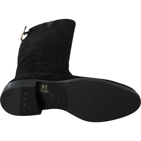 Dolce & Gabbana Black Suede Knee High Flat Boots Shoes LA8153-35