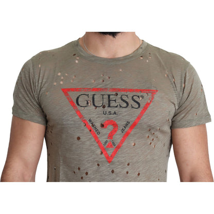 Guess Brown Cotton Stretch Logo Print Men Casual Perforated T-shirt