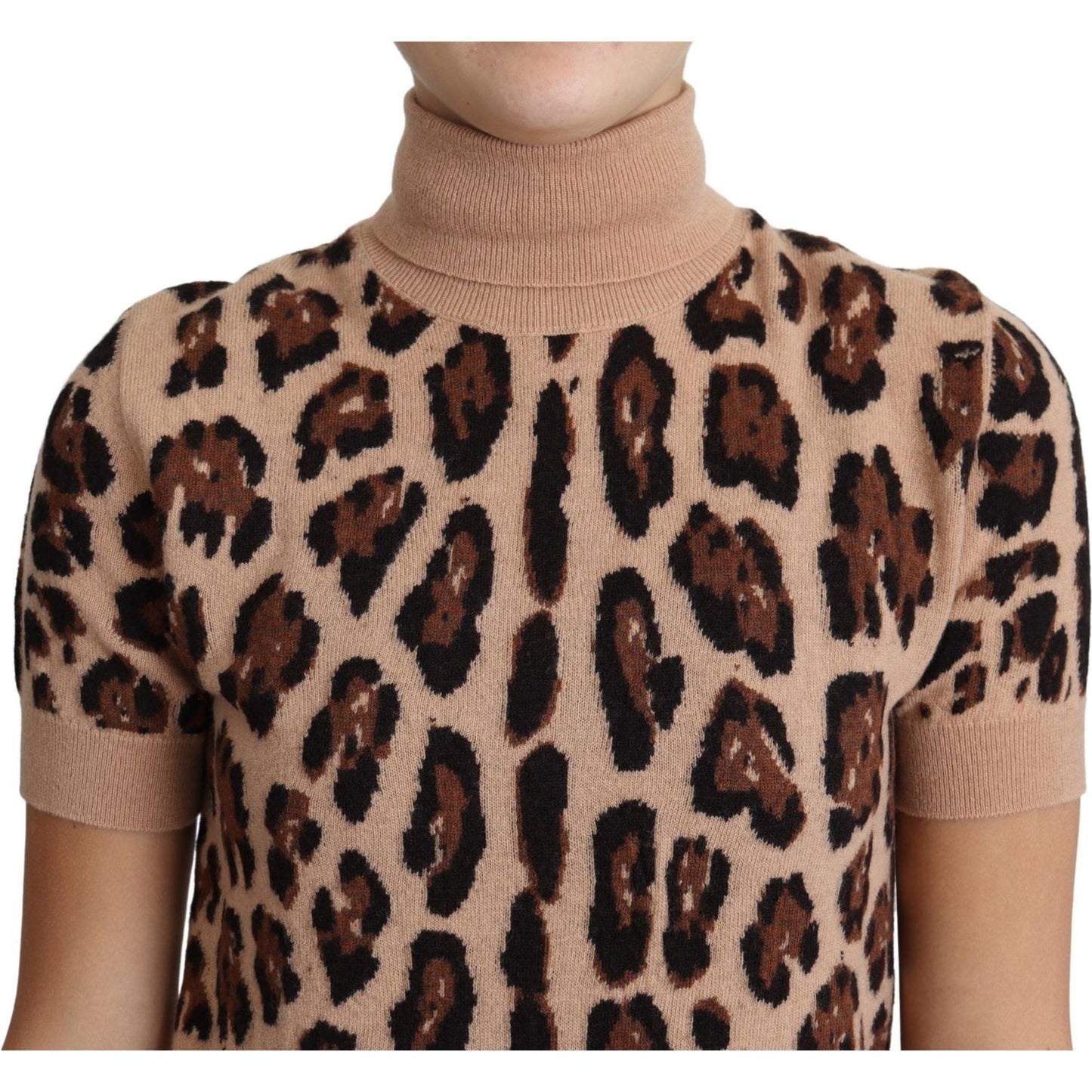 Dolce & Gabbana Beige Leopard Print Virgin Wool Turtleneck Top
