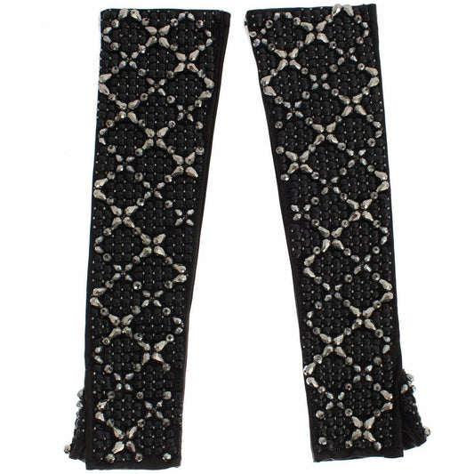 Dolce & Gabbana Black Leather Crystal Beaded Finger Free Gloves GLO020-7