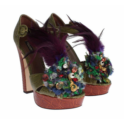 Dolce & Gabbana Green Leather Crystal Platform Sandal Shoes