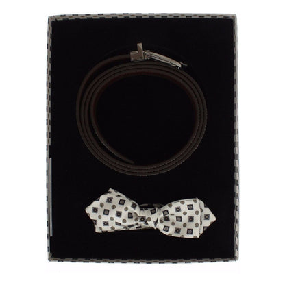 Dolce & Gabbana White Silk Bowtie Leather Men Belt Gift Box Belt