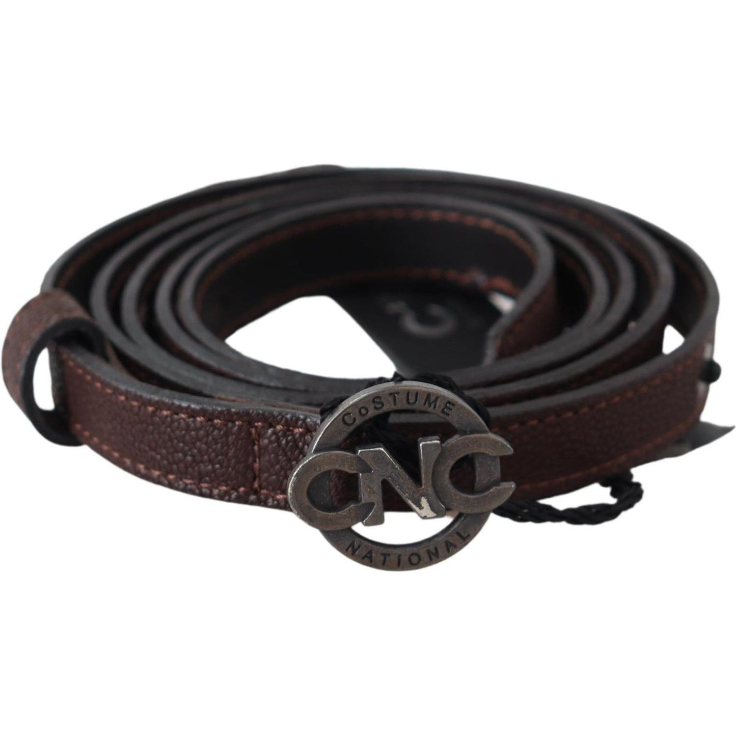 Costume National Brown Skinny Leather Round Logo Buckle Belt Belt